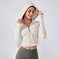 Women's Gym Fitness Jacket Long Sleeve Slim Thin Sports Top Full Zip Drawstring Hood Breathable Printed Adults