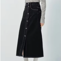 VEGA CHANG Women's Retro High Waist Denim Skirt Pocket Daily Casual Women's Long Black Skirt
