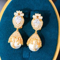 Elegant Design Shiny Cubic Zircon CZ Dangling Drop Luxury Long Pearl Charm Earrings for Women Wedding Bridal Jewelry Accessories
