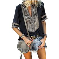 2019 New Fashion Women V Neck Elbow Length Short Sleeves Front Embroidery Blouse