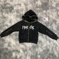 DENIMGUYS Custom Logo Print Waxed Hoodies for Men Y2k American Long Sleeve Fur Hooded Black Streetwear Wax Hoodie