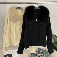 OFTBUY 2025 Women's Autumn Short Knitted Outwear Sweater Casual Close-fitting Zipper Jacket Real Fox Fur Collar Breathable Warm