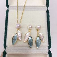 SHDIYAYUN Hot Sale Morandi Colored Leaves 18k Gold Plated Natural Freshwater Pearl Earrings Necklace Rings Jewelry Set