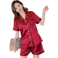 Solid Print Ice Silk Satin Women's Sleepwear Short Sleeve Sets Plus Size M to 5XL