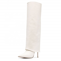 Plus Size Wide Tube White Layered Stiletto Overknee Cuffed High Heel Fold Over Black Boots