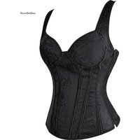 Satin Jacquard Plastic Bone Heavy Duty Overbust Padded Cup Shoulder Strap Women Punk Style Lace up Waist Trainer Corset Bustier