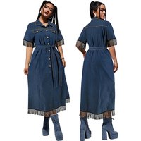Y218383 Plus Size Denim Dresses Women Casual Short Sleeve Turn-down Collar Tassels Jeans Dresses Women Long Dress for Ladies