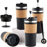 Travel Tumbler Cups with Cork Sleeve, Coffee Press Plunger, Double Wall Insulted Coffee Mug with Screw Lid 350ml Coffee Tumbler