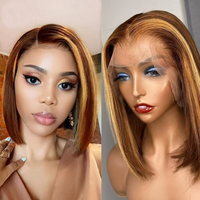 Brown/Golden Straight Bob Wig 13x4 for Lace Front Women's Highlight P4/27 Brazilian Human Hair 12A Grade Remy Short Bob for
