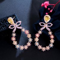 Beautiful Multicolor Cubic Zirconia Stone Big Bowknot Round Flower Drop Earrings for Women Christmas Party Jewelry Gift