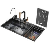 N8448XN4 Luxury 304 Stainless Steel Square Double Bowl Handmade Kitchen Sink Faucet Four Black Nano Coating Cup Rinser Food