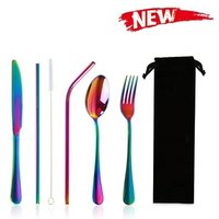 Stainless Steel 18/0 Flatware Set Reusable Cutlery Set Travel Utensils Set with Straws for Camping Office or School Lunch