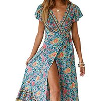 Printed V Neck High Split Beach Maxi Dress