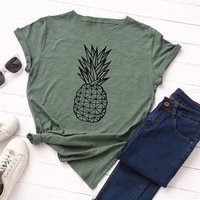 Hot Sale 100% Cotton T-shirt Women O Neck Plain Short Sleeve Tshirts Print Black Pineapple Casual T Shirt For Women