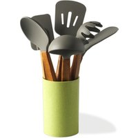 Premium Quality Food Grade Silicone & Nylon Kitchenware Cooking Utensils With Natural Acacia Wood Handle with PP holder
