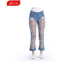 Sexy Torn Flare Pants Women Vintage Jeans Hole Straight Pants Woman Washed Denim Jeans Classic Pants