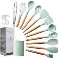 11pcs Silicone Cooking Kitchen Utensils Set, Wooden Handles Cooking Tool BPA Free Non Toxic Silicone Turner Tongs Spatula
