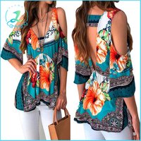 Women Fashion Sexy Printed V Neck Half Sleeve Off Shoulder Top Shirts Blouses