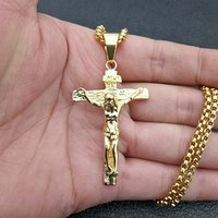 Christian Mens Stainless Steel Gold Plated Jesus Necklace Cross