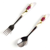 2 pieces ceramic handle printing cheap korean stainless steel salad spoon fork set