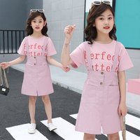 Fashion Strap Overall Summer Girls Cotton 2Pcs Set Letter T Shirt Kids Suspender Dress Outfits Clothing Strap Skirt Outfits Set