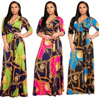 Fashion woman clothing printed middle sleeves one piece casual dresses woman lady party