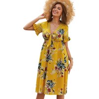 High Quality Trendy V Neck Bow Boho Clothes Dress Summer Womens Floral Printed Dresses