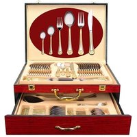 Inox italian flatware 24k gold plated stainless steel silverware, 72pcs cutlery set service for 12, Vintage Gold Flatware