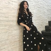 Summer Women's Dress Korean Style Fashion V-neck Ladies Long Dress Casual Half Sleeve Dot Dress Female New 2019