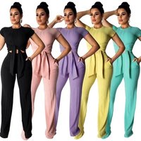 women fashion casual solid top and wide leg pants two piece set