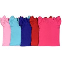 Top selling children's boutique cotton summer clothes baby girls solid color ruffle shirts toddler kids flutter sleeve t shirt