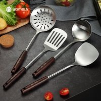 WORTHBUY Kitchen Utensils Set 304 Stainless Steel Kitchenware Spatula Turner Ladle Non-Slip Wooden Handle Kitchen Cooking Tool