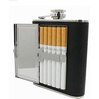 6oz PU Leather Wrapped Stainless Steel Hip Flask Liquor Alcohol Bottle with Built-in Cigar Case Holder and Funnel Set