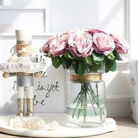 Bixuan Vases Clear Hammered Glass Flower Arrangement Vase Brass Gold Band Decor Dining Table Centerpieces, 7.9'' H x 5.4'' D