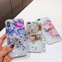 Luxury Shell Texture Flower Case For iPhone XR XS Max X 8 7 Plus 6S Plus Soft IMD Finger Ring Crystal Phone Back Cover