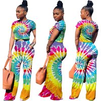 Cheap Casual Hot Sale O-neck Colored Drawing Short Sleeve Two Piece Set Women Clothing Set