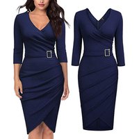 Free Shipping Fancy Designer V Neck Buckle Belt Solid Clothes Women Ladies Office Wear Dresses for Women