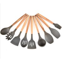 Heat resistant kitchen ware spatula set 9 pieces natural beech wooden handle kitchen utensil set silicone cooking utensil set