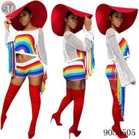 9050505 queenmoen fashion flared sleeve rainbow knitted top and shorts two piece set with tassel