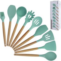9 Piece Silicone Cooking Utensil Set Wood Handles