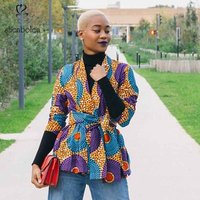 African Print Female Lapel Long Sleeve Jacket Waist Belt