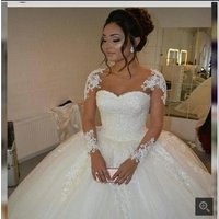 Muslim appliqued beaded lace Puffy ball gown cheap customized white ivory long sleeve wedding dress MWA215