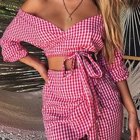 Plaid Crop Top Long Skirt Two Piece Outfit