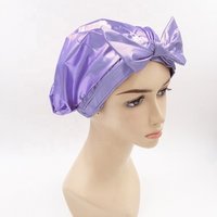 Wholesale Luxury Custom Print Fabric Satin Lined Silk Disposable Hotel Woman Turban Shower Caps with Non Slip Silicone Grip