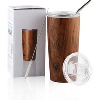 20 oz Double Wall Insulated Vacuum Drinking Wooden Stainless Steel Coffee Tumbler Cup Mug with Leak Proof Lid,Straw,Pipe Brush
