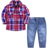 Boys' Two-Piece Red Plaid Top & Denim Trousers Winter Set