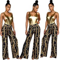 High Waist Golden Chain Print Wide Leg Trousers