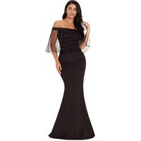 Women's Cocktail Muslim New Sexy Ruffled Off Shoulder Long Pearl Mesh Flounce Black Mermaid Party Maxi Evening Gown Dress