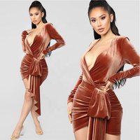 2018 autumn new women's temperament V-neck Slim irregular long-sleeved velvet dress