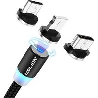 USLION 3 in 1 360 Degree Rotation Magnetic USB Cable for Android Mobile Phone Charger Cable for Type-C